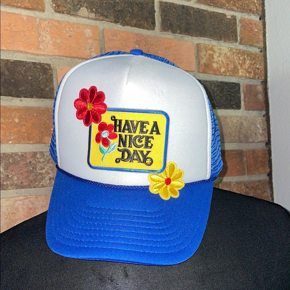 Blue and White Trucker Hat with Floral Design